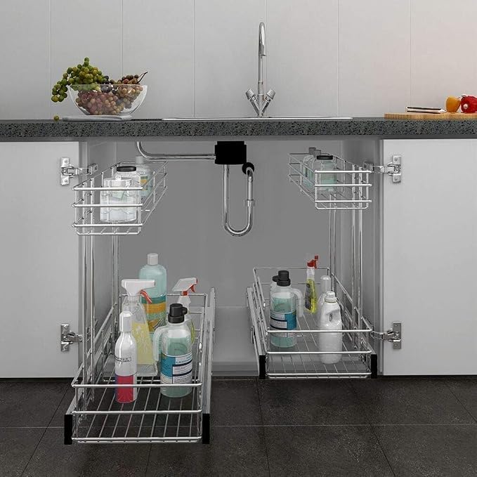 Under Sink Organizer 9"W X18.5"D，Pull Out Cabinet Organizer 2 Tier，Under Sink Slide Out Organizer Chrome Plated, Under Kitchen Bathroom Sink Organizer, Pantry Cabinet Closet Organization Rack, 1 Pack
