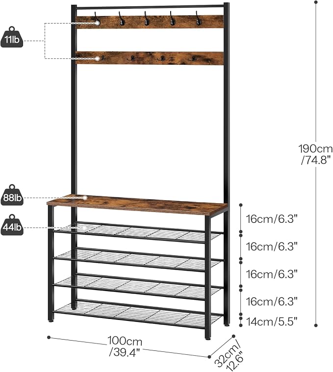 HOOBRO Hall Tree, Coat Rack with Shoe Rack, 39.4” Hall Tree with Bench, 5 Tier Shoe Storage Organizer with 9 Hooks for Entryway, Closet, Sturdy, Industrial, Rustic Brown and Black BF801MT01