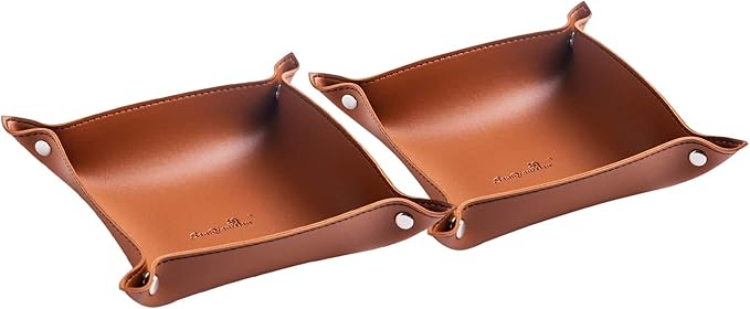 Leather Jewelry Valet Tray for Women and Man, Portable Entryway Table Tray Bedside Nightstand Desk Tray Small Catchall Travel Dish Plate for Key,Wallet,Watch,Coin (2PCs Brown-B)
