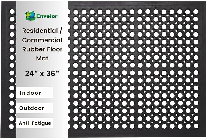 Envelor Anti Fatigue Mats for Kitchen Floor, Rubber Bar Mat, Non Slip Commercial Floor Mat with Drainage Holes, Indoor Outdoor Rubber Mat for Restaurant, Garage, Entryway, Entry Mat 24 x 36 in