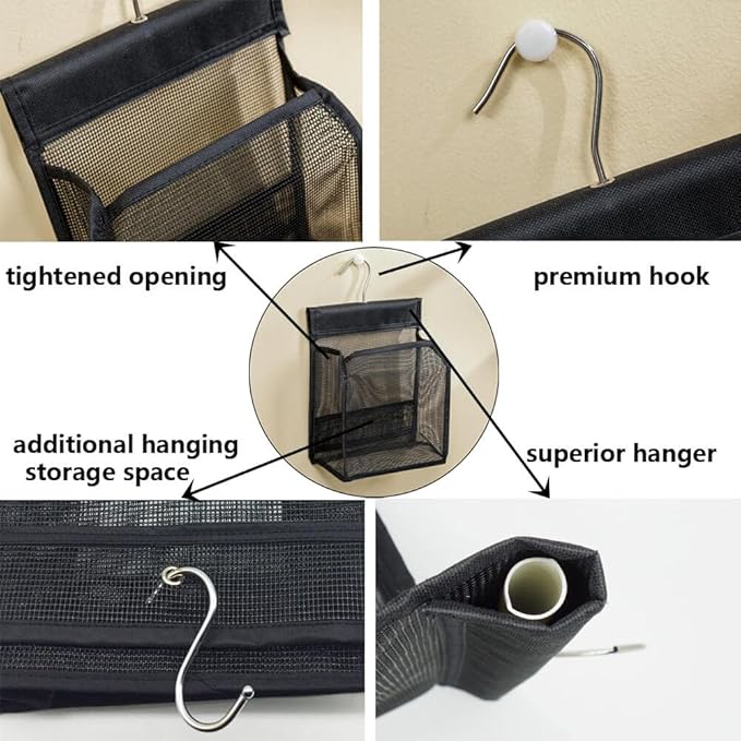 ALYER Hanging Mesh Shower Caddy Organizer Bathroom Storage Bag with Hooks for Camper, Gym, Cruise, Cabin, College Dorm Shower, Swimming and RV,Black