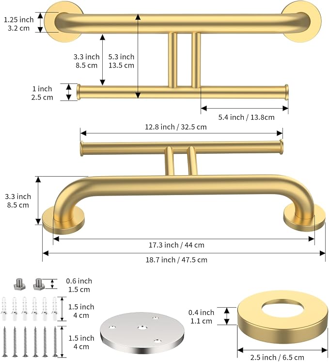 Brushed Gold Grab Bar for Bathroom 17 Inch, Zepolu Stainless Steel 2-in-1 Safety Handrail w/Double Toilet Paper Holder, Wall Mounted Balanced Support Bar Assist Handle for Senior Elderly Handicap