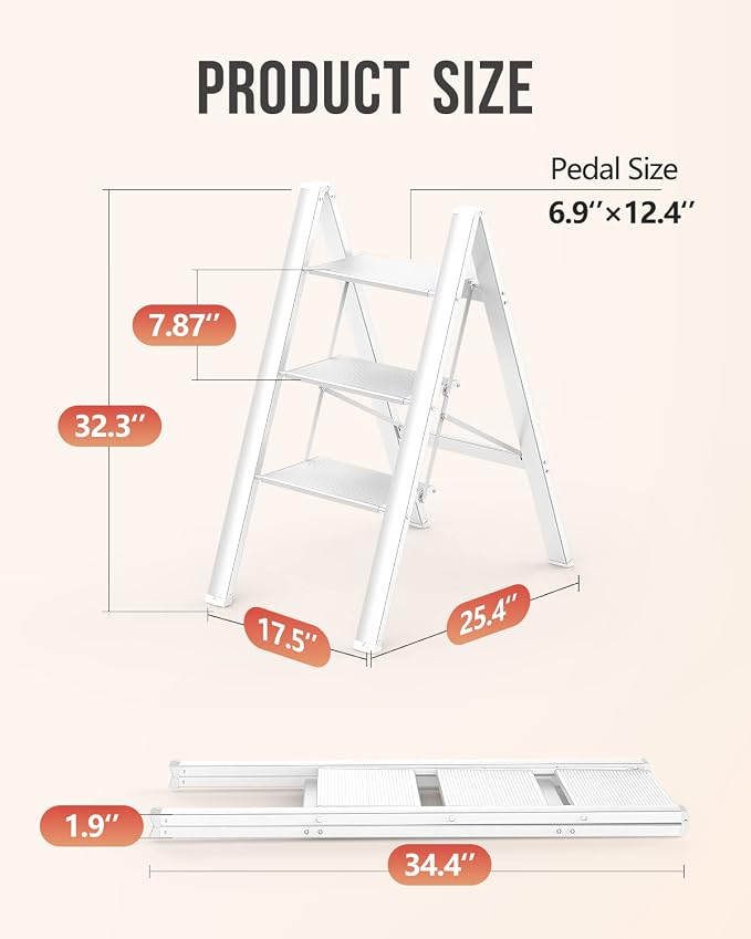 WOA WOA 3 Step Ladder, Foldable Step Stool, Lightweight Ladder for Home Kitchen Closet, Anti-Slip Aluminum Pedals, Ease of Folding, Portable, 300lbs Capacity - White