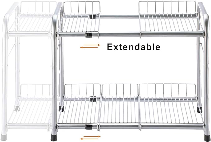 FlagShip 2 Tier Under Sink Organizers and Storage Rack Expandable Cabinet Shelf for Kitchen Bathroom Silver (17-25 inches)