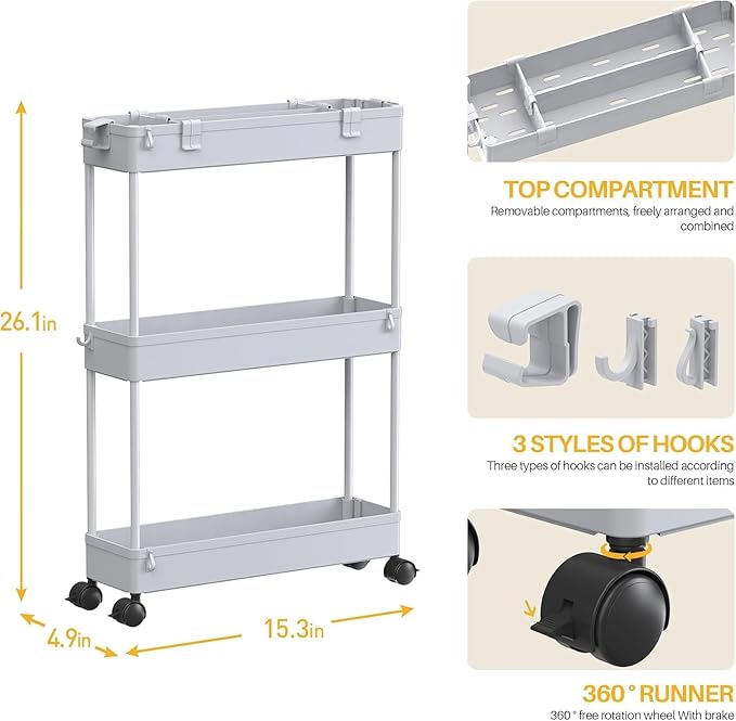 SPACELEAD 2-piece Set Slim Storage Cart 3 Tier,Bathroom Organizer Rolling Utility,Mobile Shelving Unit Slide Out for Office, Kitchen, Laundry Room & Narrow Places