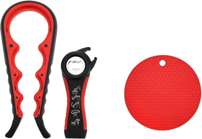 3-Piece Jar & Bottle Opener Set for Seniors, Non-Slip Silicone Grip Mat, Ergonomic Kitchen Gadget (reddish black)