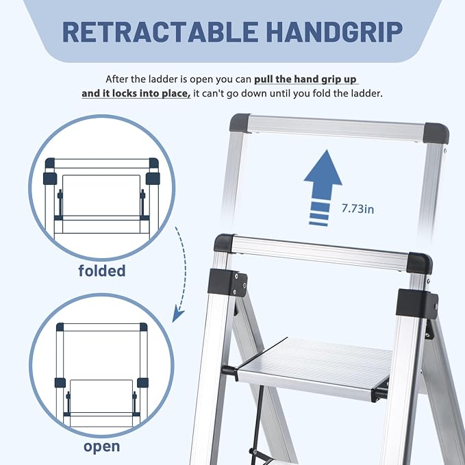 XinSunho 4 Step Ladder, Retractable Handgrip Folding Step Stool with Anti-Slip Wide Pedal, Aluminum Stool Ladders 4 Steps, 330lbs Safety Household Ladder