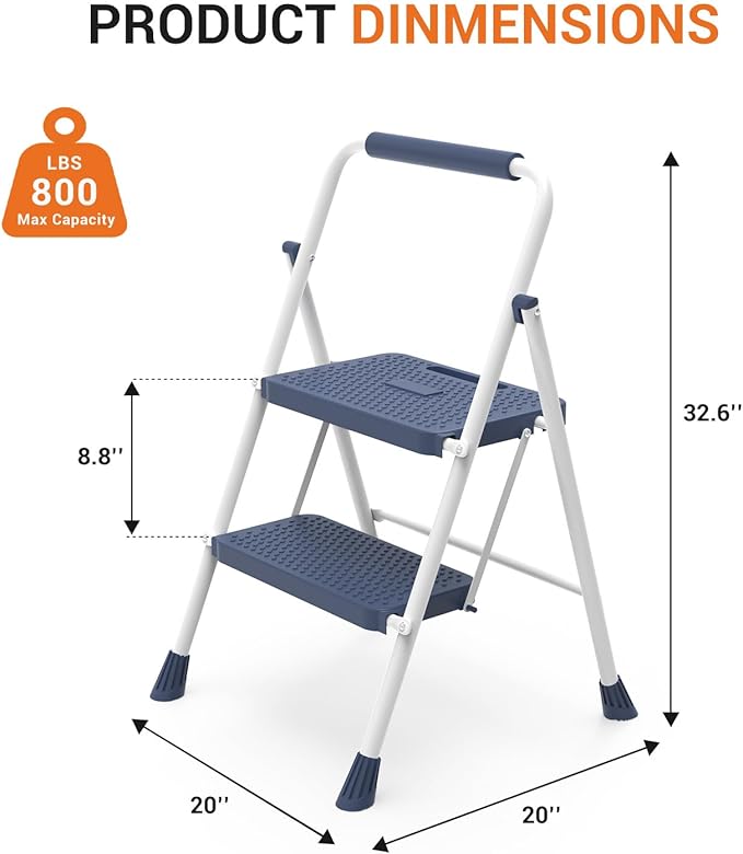 Sweetcrispy Folding 2 Step Ladder Stool - Lightweight, 800lbs Sturdy, with Anti-Slip Feet - Perfect for Home, Kitchen, and Office Use, Easy Storage and Portable Design, Blue