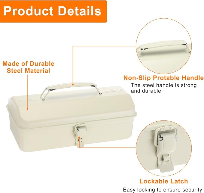 HARFINGTON Tool Box 11.4" Portable Steel Tool Box Hip Roof Style with Metal Latch Closure Tool Chest for Household Workshop Car, White