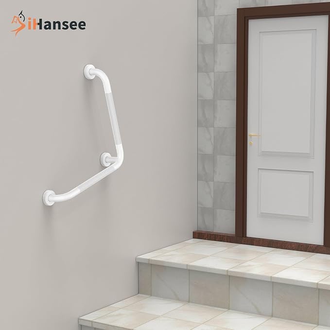 Angled Grab Bar - 16x16 Inch Stainless Steel Knurled Toilet Handles Wall Mounted Bathroom Handicap Safety Rails for Elderly Injured Balance Support, L-Shaped White Grab Bar for Shower