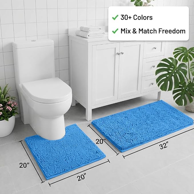 Bathroom Rugs Sets 2 Piece,Super Absorbent Chenille Bath Mats and U-Shaped Toilet Rug,Strong PVC Non Slip Backing,Microfiber Washable Dry Quickly Bath Mats for Bathroom(20"x32"+20"x20"U, Calm Blue)