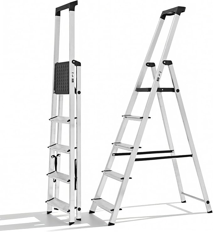 DUMOS 5 Step Ladder, 330lbs Folding Step Stool with Anti-Slip Wide Pedal Handrails, Aluminum Stool Ladders, Safety Household Ladder for Home Kitchen Courtyard Outdoor