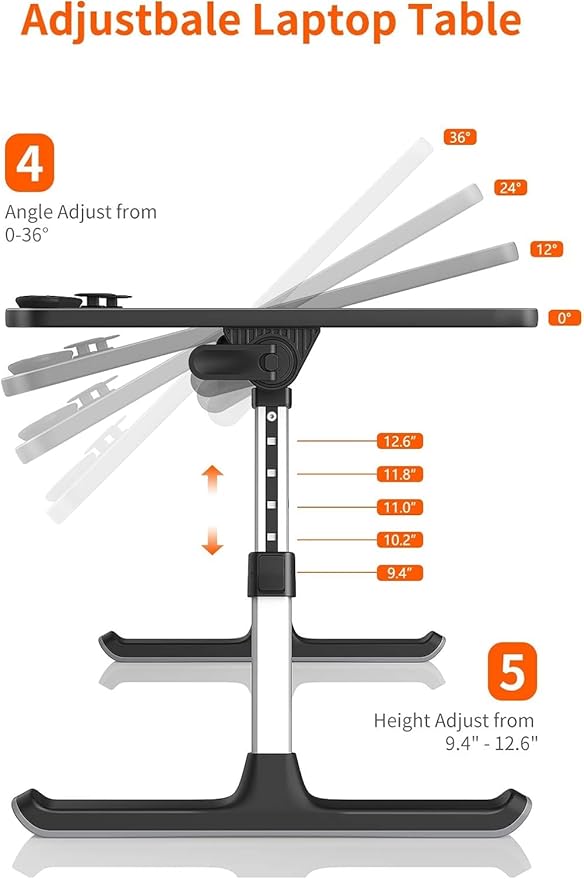 Desk, Table, SAIJI Adjustable Laptop Stand, Breakfast Tray, 5 Heights, 4 Angles, Stable Folding Table for Bed Sofa Desk, Suitable for Laptops up to 17 Inches (60 x 33 cm Black)