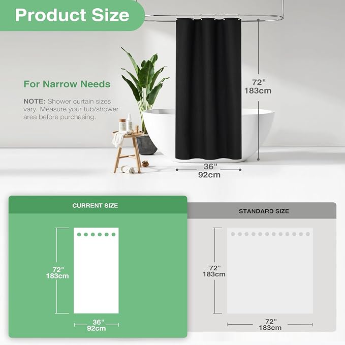 Dynamene Stall Black Fabric Shower Curtain - Waffle Textured Small Heavy Duty Cloth Shower Curtains for Bathroom, 256GSM Narrow Hotel Spa Luxury Bath Curtain Set with 6 Plastic Hooks(36Wx72H, Black)