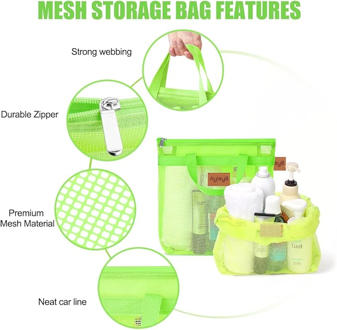 Portable Mesh Shower Caddy Tote, Quick Dry Tote Bag Mesh Beach Bags for Women, Hanging Toiletry and Bath Organizer for Travel Swimming Sports Gym Camp Shopping College Dorms (2pcs,Green-Yellow)