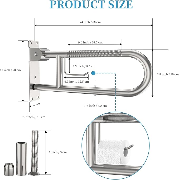 Toilet Grab Bar 24 Inch, Munzong Anti-Slip Handicap Grab Bars with Paper Holder, Flip-Up Bathroom Toilet Safety Rails, Stainless Steel Knurled Support handrails for Seniors Elderly Disabled Pregnant