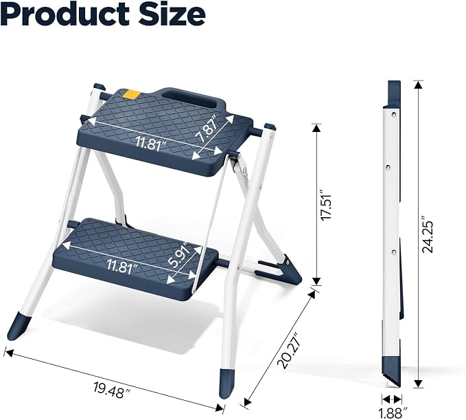 URACKIFY 2 Step Stool Foldable, Step Ladder with Non-Slip Rubber mat, Step Stool with Release Button, Lightweight Steel, Blue, for up to 330LBS.