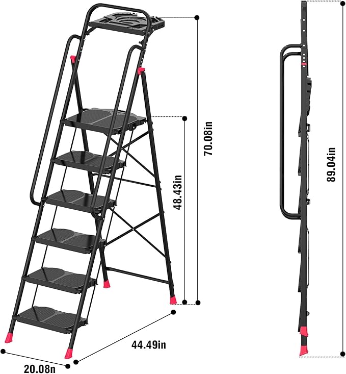 6 Step Foldable Step Ladder with Roomy Tool Tray & Secure Handrail, Wide Pedals Platform Stool 800lbs Capacity for Adults Home Kitchen