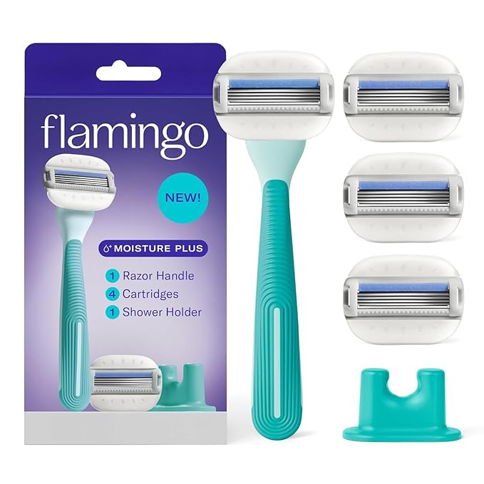 Flamingo Moisture Plus Women's Razor Set - No Shave Gel Needed - Razor Handle, 4 Blade Refills, Shower Holder - Seafoam