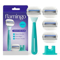 Flamingo Moisture Plus Women's Razor Set - No Shave Gel Needed - Razor Handle, 4 Blade Refills, Shower Holder - Seafoam