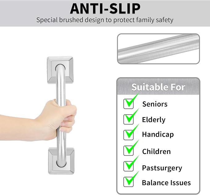 2 Pack 9 Inch Bathroom Grab Bar, Anti Slip Square Shower Bars Safety, 304 Stainless Steel Shower Handles,Hand Rails for for Children, Senior, Elderly, Handicap