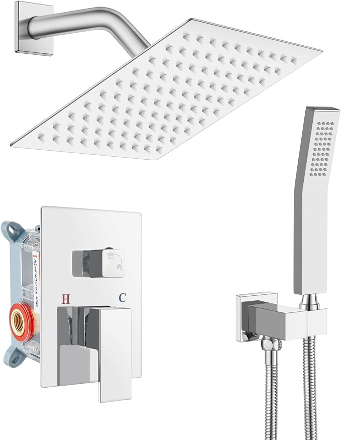 gotonovo Rainfall Bathroom Shower System Rain Shower Head and Handle Set Wall Mounted Shower Complete Combo Solid Brass Pressure Balancing Shower Mixer Valve 8 Inch Polished Chrome