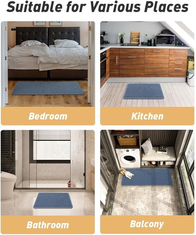 AMOAMI Upgraded Waffle Runner Rug Super Absorbent Non Slip Bath Mats for Bathroom Floor Washable Bathroom Runner Rug with Tassels, Ideal for Hallway Bedroom Laundry Room, Blue, 2' x 6'(24" x 72")