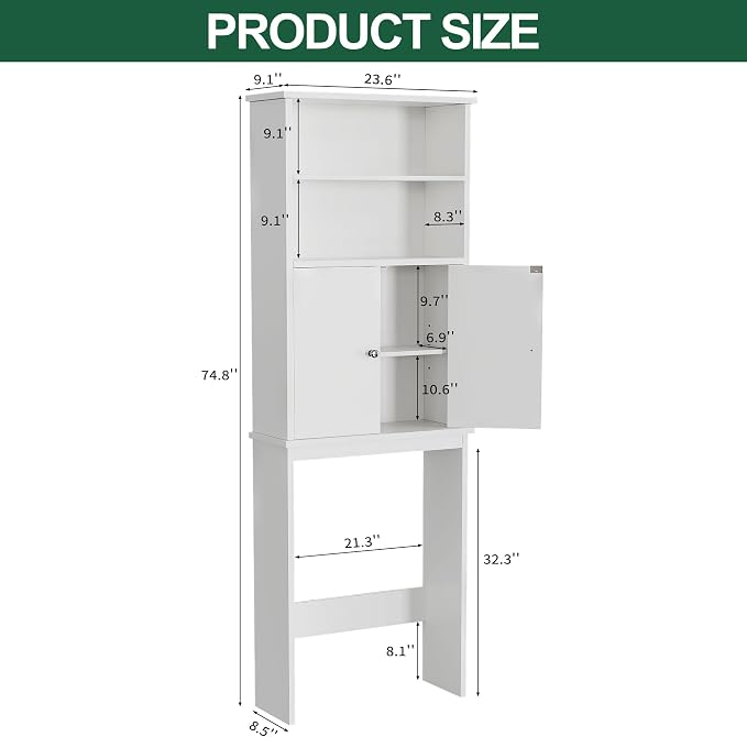Nuturelly Over The Toilet Storage Cabinet, Bathroom Storage Organizer with Adjustable Shelves and Double Wooden Doors, Freestanding Above Toilet Storage with Open Shelf, Wooden Toilet Rack, White