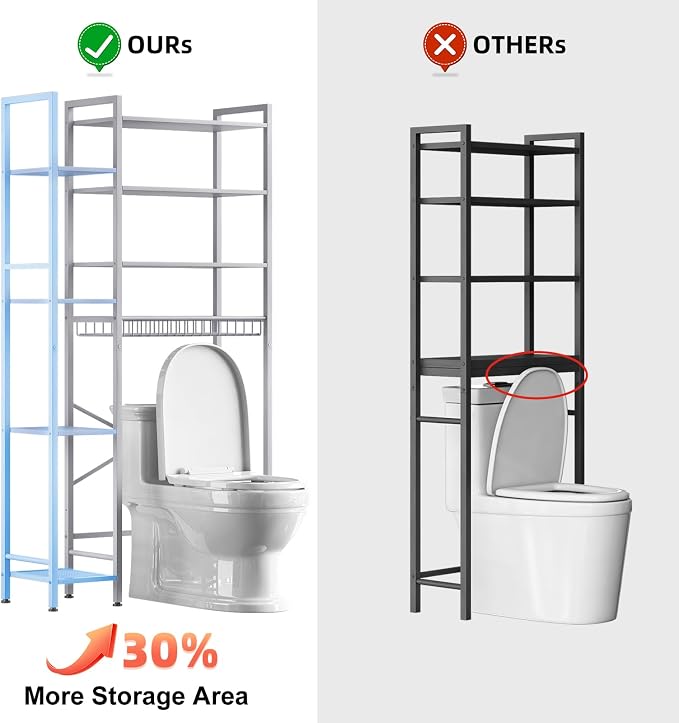 Kalrin 8-Tier Over The Toilet Storage with Side Rack, Over Toilet Storage Rack with Adjustable Shelf & Drain Basket, Freestanding Bathroom Organizer for Balcony, Laundry (Pure White)