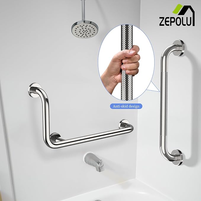 Polished Chrome L-Shaped Grab Bar 12x24 Inch + Knurled Shower Grab Rail 20 Inch, Zepolu Stainless Steel Toilet Safety Bar 90 Degree, Angled Balance Support Assist Bar, Bathroom Mobility Aid Handrail