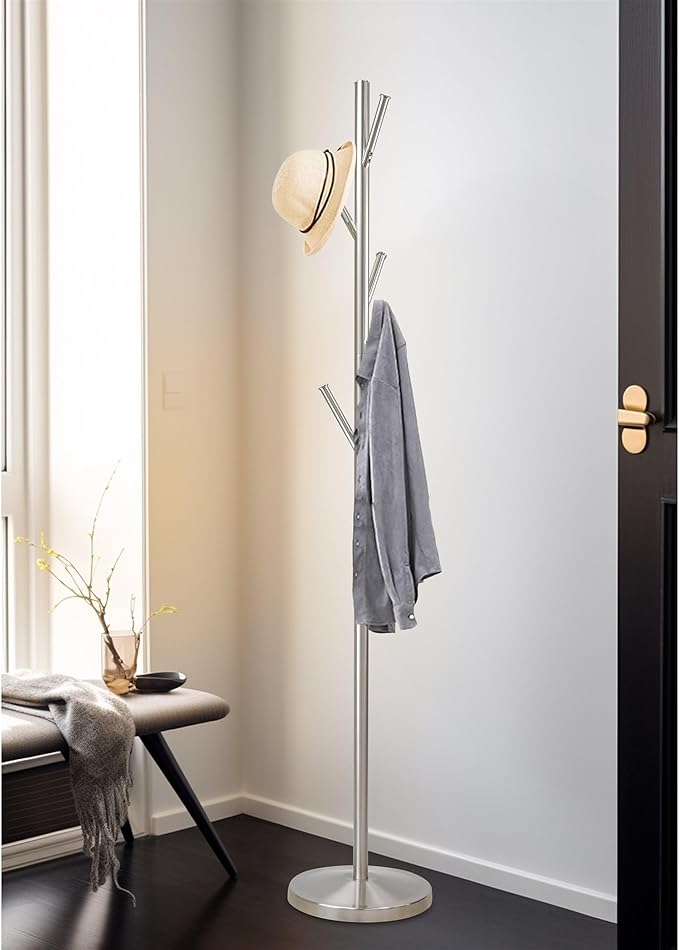 Kira Home Addison 68" Modern Standing Coat Rack with 6 Hanging Hooks, Sleek Metal Silver Coat Stand with Weighted Base, Satin Steel Finish