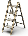 4 Step Ladder, Folding Step Stool with Wider Pedal, Anti-Slip Feet & Non Slip Stripes, Aluminum Sturdy Material, 300Lbs Capacity, Elegant Look of Champagne Gold Better Matches Your Home