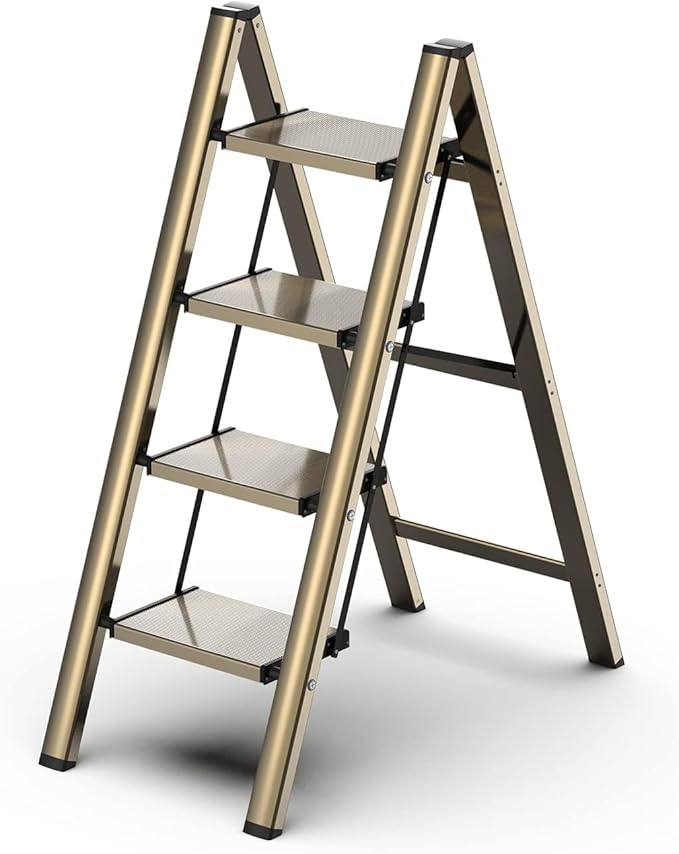 4 Step Ladder, Folding Step Stool with Wider Pedal, Anti-Slip Feet & Non Slip Stripes, Aluminum Sturdy Material, 300Lbs Capacity, Elegant Look of Champagne Gold Better Matches Your Home