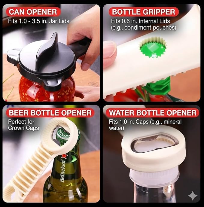4-in-1 Jar Opener for Seniors with Arthritis, Easy Grip Bottle Opener for Weak Hands, Effortless Twist Off Lid Remover, Non-Slip Kitchen Gadget