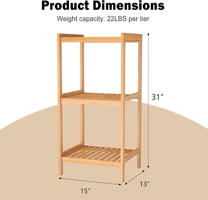 kinbor 3-Tier Bamboo Shelf Freestanding - Space-Saving Bathroom Standing Shelf & Plant Stand, 3 Shelf Bookcase for Kitchen, Living Room, Office (Natural Bamboo, Easy Assembly)