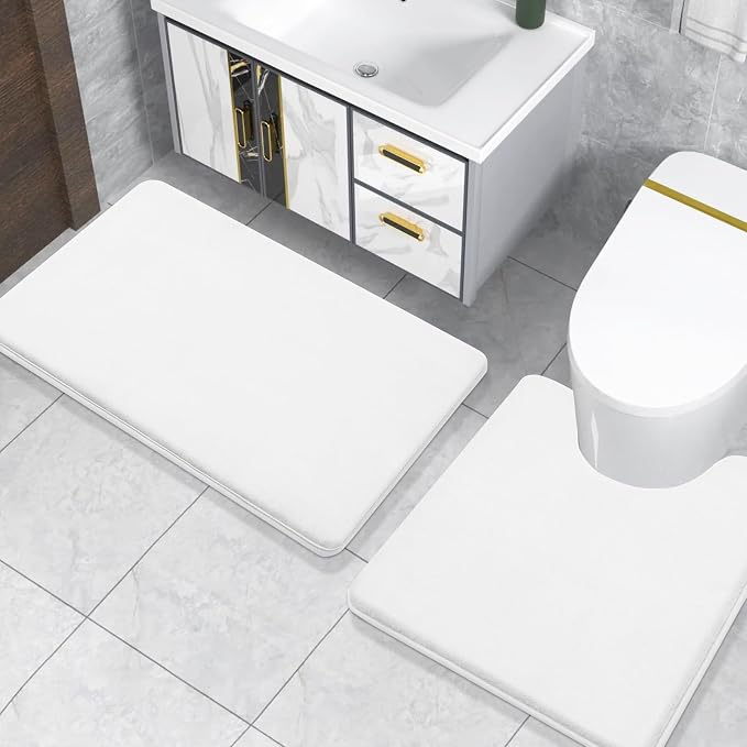 Smiry Memory Foam Toilet Rugs U-Shaped 24x20, Extra Soft Absorbent Non-Slip Contour Bathroom Rugs, Machine Washable Bath Mats for Toilet, White