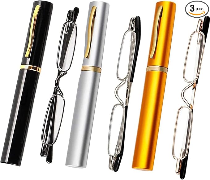 Viseng Slim Mini Metal Reading Glasses Compact Lightweight Portable Readers with Glasses Case for Reading Case,Gold+Silver+Black+1.75