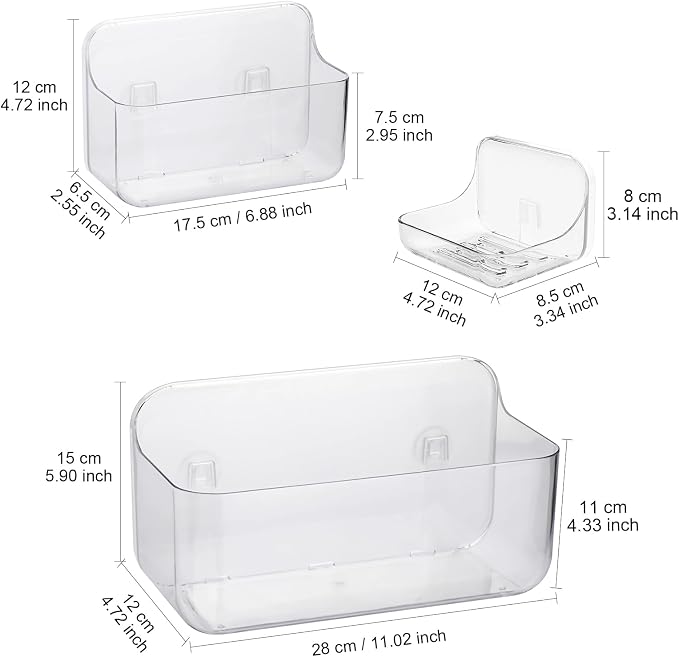 Diesisa 3pc Acrylic Wall Mount Organizer, Adhesive Clear Shower Caddies,Acrylic Soap Basket for wall,No Drilling Hang Walls,with Self Adhesive Tape, for Bathroom, Kitchen, Living Room