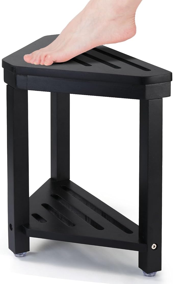 Boulphia Shower Foot Rest 14in, Acacia Wood Shower Stool for Shaving Legs (Black)