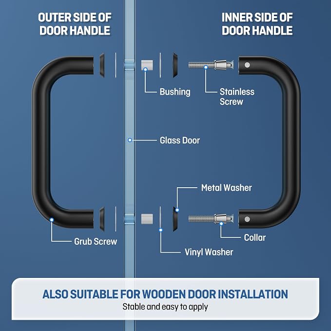 Ranbo Matte Black 6" （CTC） Tubular Back-to-Back Shower Door Handle，Heavy-Duty 1.0mm Thick 304 Stainless Steel, for 1/4"- 1/2" Thick Glass and 1-3/8" - 2-1/6" Thick Wooden or Metal Doors