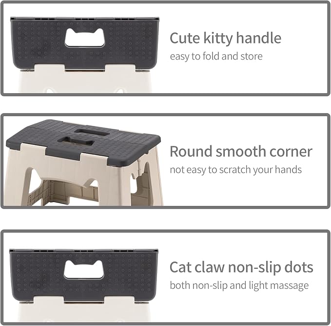 Kitty Folding Stool, 9 Inches, Non-Slip Folding Step Stool,Great for Kitchen, Bathroom, Bedroom, Kids or Adults (Khaki) (Gray)