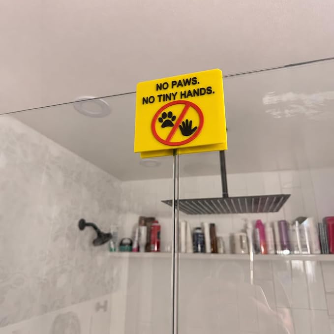 Frameless Glass Shower Door Lock Sleeve - Baby Proofing & Pet Stopper for Bathroom Sliding Doors - No-Drill Security Bumper,Funny Sign – (Yellow, 1/2 inch)