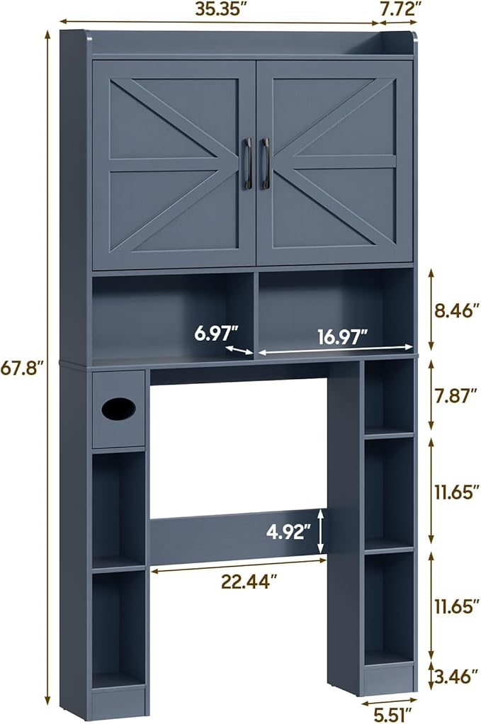 Over The Toilet Storage Cabinet, Farmhouse Toilet Cabinet Rack with Barn Doors, Space Saving Bathroom Organizer with Shelves, Toilet Paper Holder and Towel Rack for Bathroom,Restroom,Laundry,Blue