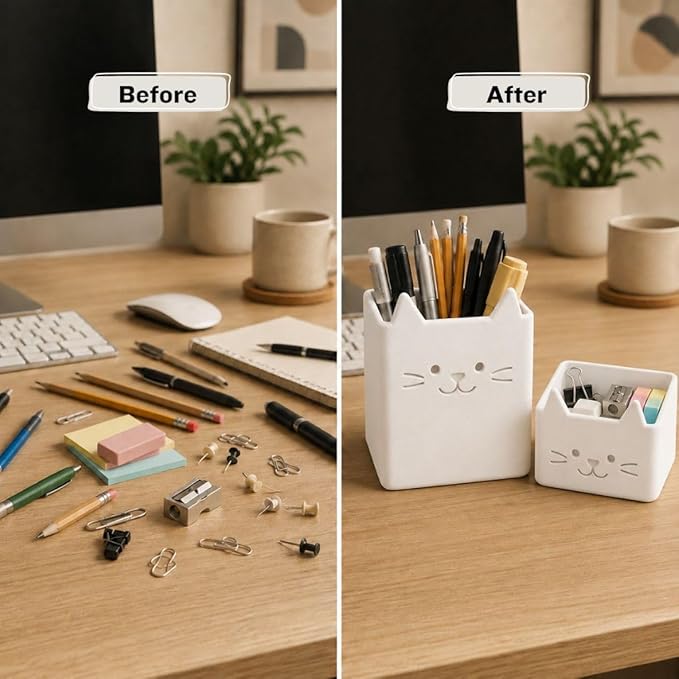 Office Desk Accessories, Set of 2 Pencil Cups, Cute Cat Pen Holder, Cute Desk Decor, Bathroom Organizer, Toothbrush Holders with Drainage, Makeup Brush Organizer, Cat Lover Gifts (Jade White)