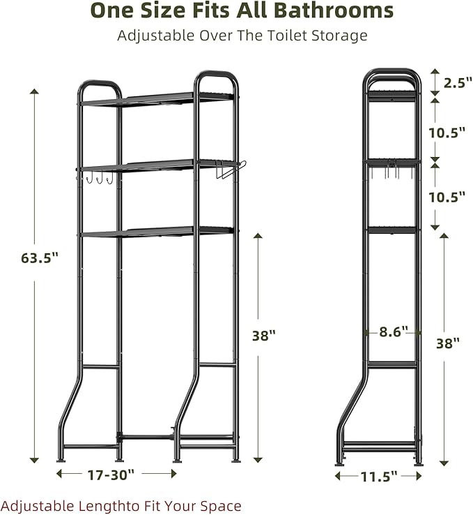 Simple Trending Expandable Over The Toilet Storage Rack, Metal 3 Tier Bathroom Organizer Shelf with Paper Holder and 3 Hooks, Black