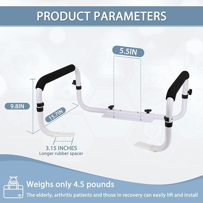 Toilet Safety Rail, Safety Frame for Toilet Seat, Toilet Grab Bar with Adjustable Width for Seniors Supports 350lbs (Black and White)