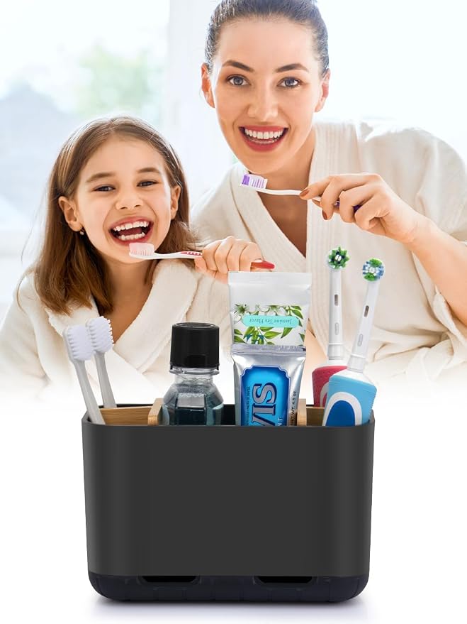 GFWARE Black Toothbrush Holder, Bamboo Toothbrush and Toothpaste Holder with Drainage, Electric Kids Matte Black Toothbrush Holders Set Organizer for Bathrooms Countertop Accessories Storage
