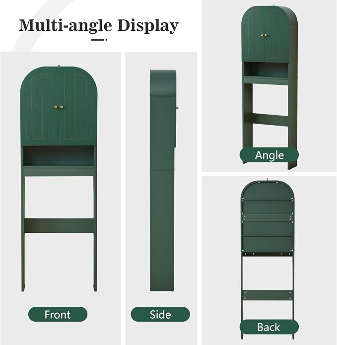 Over the Toilet Storage Cabinet, 70" Tall Bathroom Space Saver with Fluted Grooved Doors, Freestanding Over Toilet Organizer with Adjustable Shelves & Soft-Close Hinges for Small Bathrooms (Green)