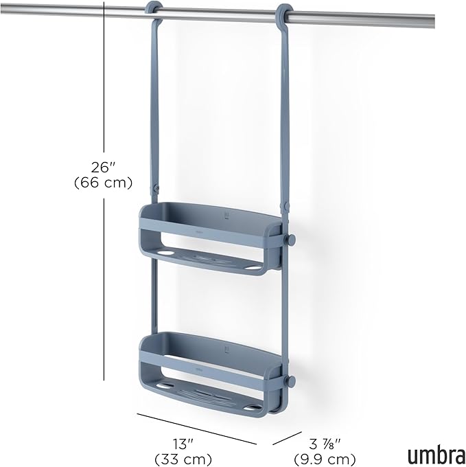 Umbra Flex Hanging Shower Caddy with 2 Shelves, Bathtub Shelf and Bathroom Organizer, Slate Blue