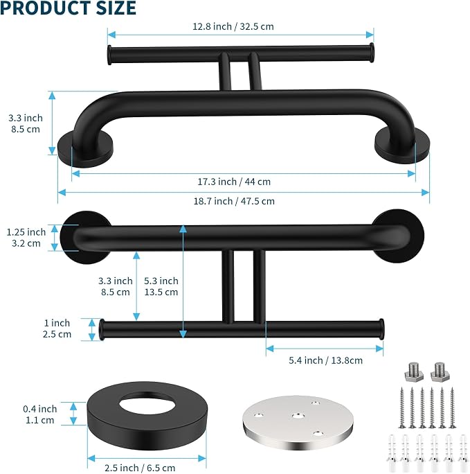 Grab Bar w/Double Toilet Paper Roll Holder Black, iHansee Stainless Steel Shower Support Handle Balanced Support Bars, Wall Mounted Safety Handrail Grab Rail for Elderly Senior Handicap Disabled
